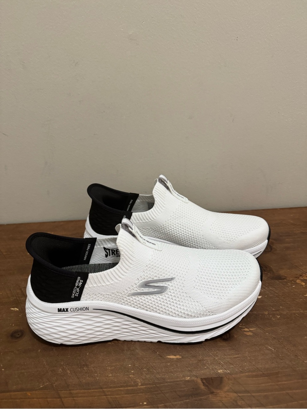 Skechers Max Cushion White and Black Slip-On Sneakers for Women Size 6